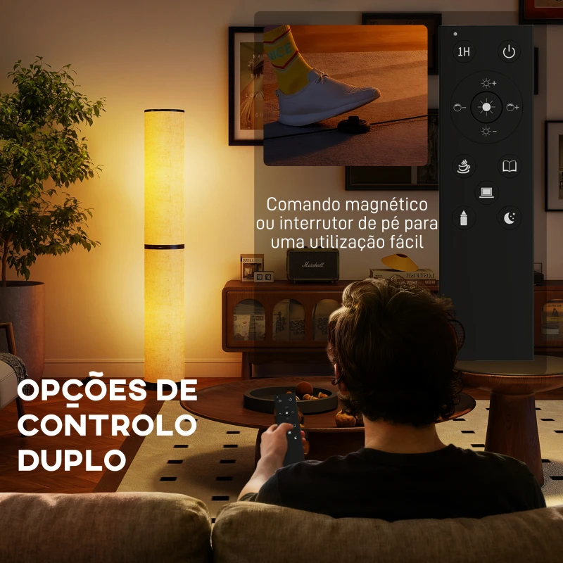 HOMCOM Candeeiro de Pé Moderno Candeeiro de Sala com Brilho Temperaturas de Cor Ajustáveis 3000K-6000K Controle Remoto Magnético Temporizador para Quarto Escritório Decoração Ø20x135 cm Bege