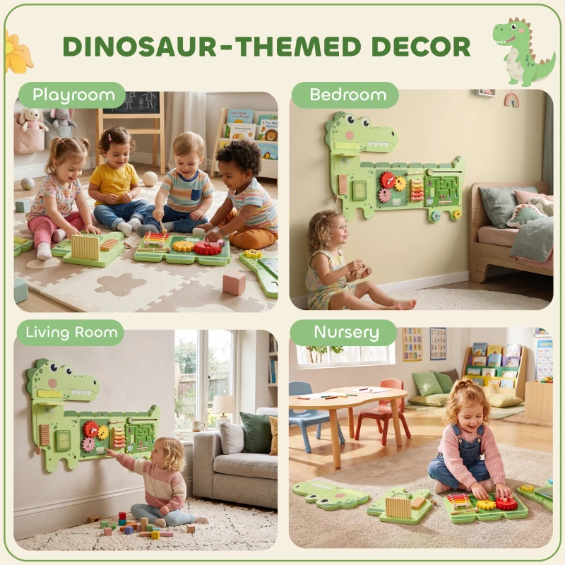 AIYAPLAY Busy Board Panels, Wall Mounted Montessori Inspired Busy Board, Toddler Learning Centre Dinosaur Theme, Green