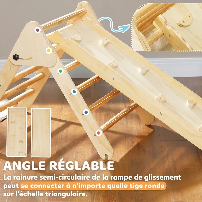 AIYAPLAY Triangle d'escalade, 3 en 1 en bois pour grimper et glisser, charge max. 50 kg, pour 18-48 mois, bois naturel