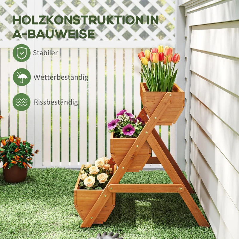 Outsunny Verticaal Verhoogd Tuinbed met 3 Lagen - Houten Plantenbak met 3 Bakken en Afvoergaten - Bruin