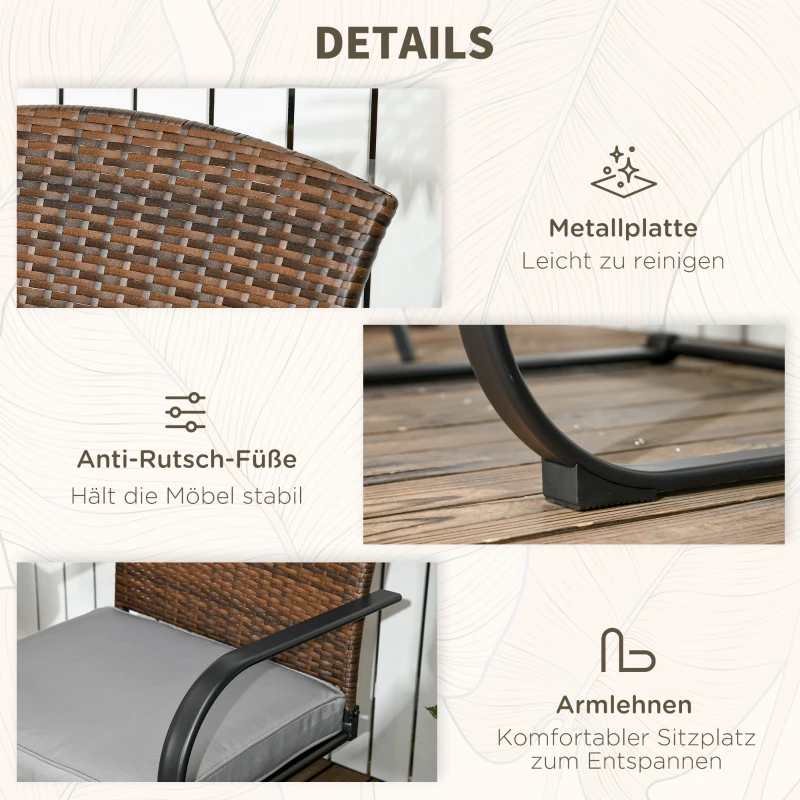 Outsunny Rattan Gartenmöbel-Set für 2 Personen inkl. Couchtisch und 2 Schaukelstühle, mit Kissen, Stahl, Braun