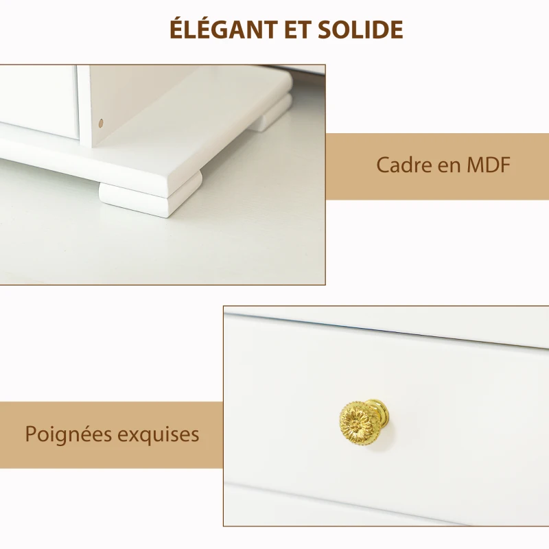 HOMCOM Boîte à Bijoux Femme à 4 Niveaux, Coffre à Bijoux en Bois avec Ailes, Miroir et 2 Tiroirs, 26,5x16 x33,5 cm, Blanc