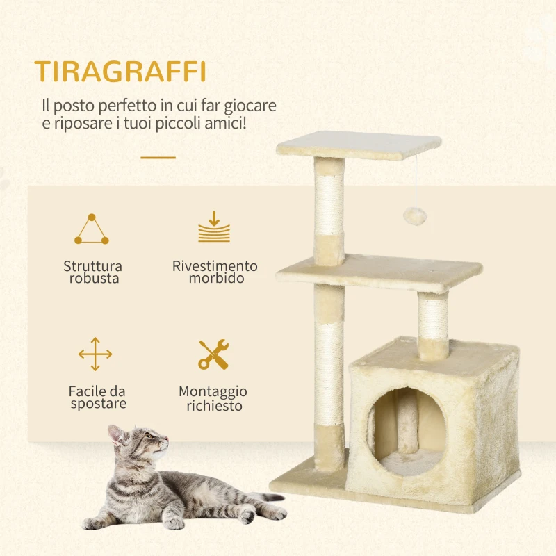 PawHut Albero Tiragraffi per Gatti con Cuccia, 50x30x81.5cm