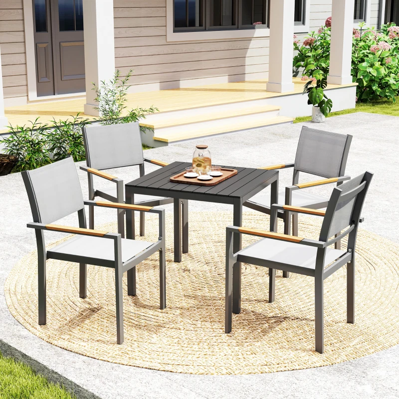 Outsunny Gartentisch Aluminium 73x73 cm Wetterfest Buffettisch mit Holzoptik, Campingtisch für 4 Personen Schwarz(m-10)