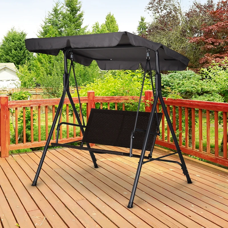 Outsunny Hollywoodschaukel, Gartenschaukel mit Baldachin, verstellbares Sonnendach, Schwarz + Braun + Grau