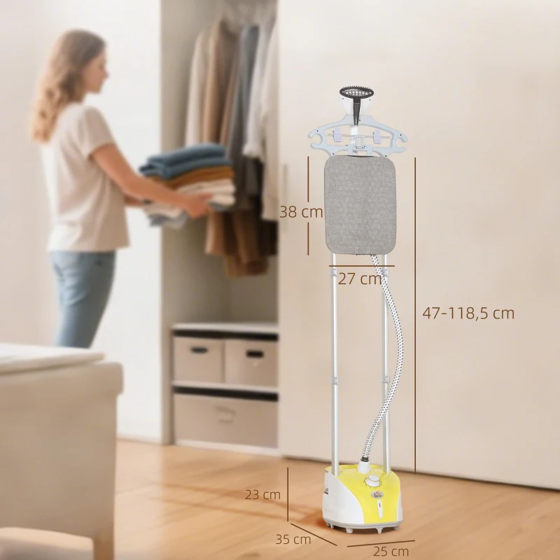 HOMCOM Ferro de Engomar a Vapor 1800W Temperatura Ajustável 11 Níveis Depósito de 2 L Aquecimento em 38s 35x25x47-118,5 cm Amarelo