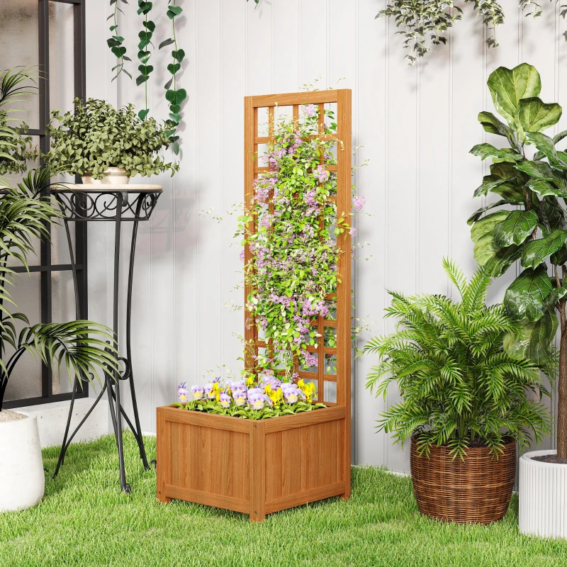 Outsunny Fioriera con Traliccio per Rampicanti con Foro di Drenaggio e Fodera, in Legno, 40x40x120 cm, Marrone