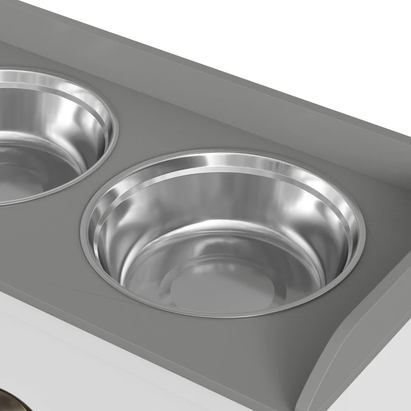 PawHut voerstation, 2 voerbakken van elk 2 liter, roestvrij staal, met lade, wit+grijs, 60 x 30 x 36 cm(m-11)