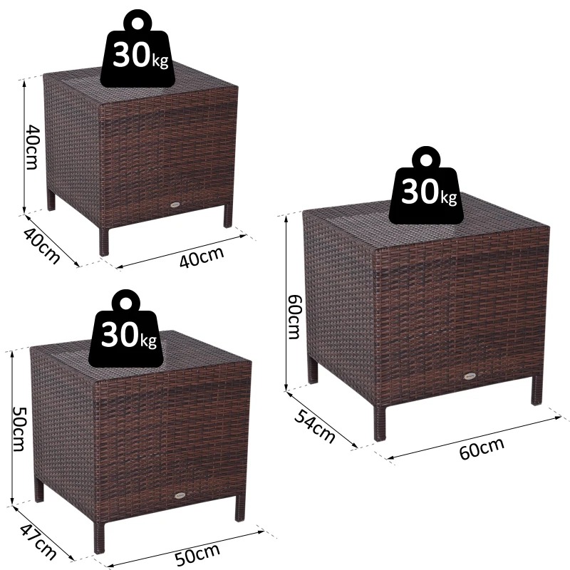 Outsunny Set 3 Tavolini da Giardino in Rattan 40x40x40cm, 50x47x50cm, 60x54x60cm Marrone