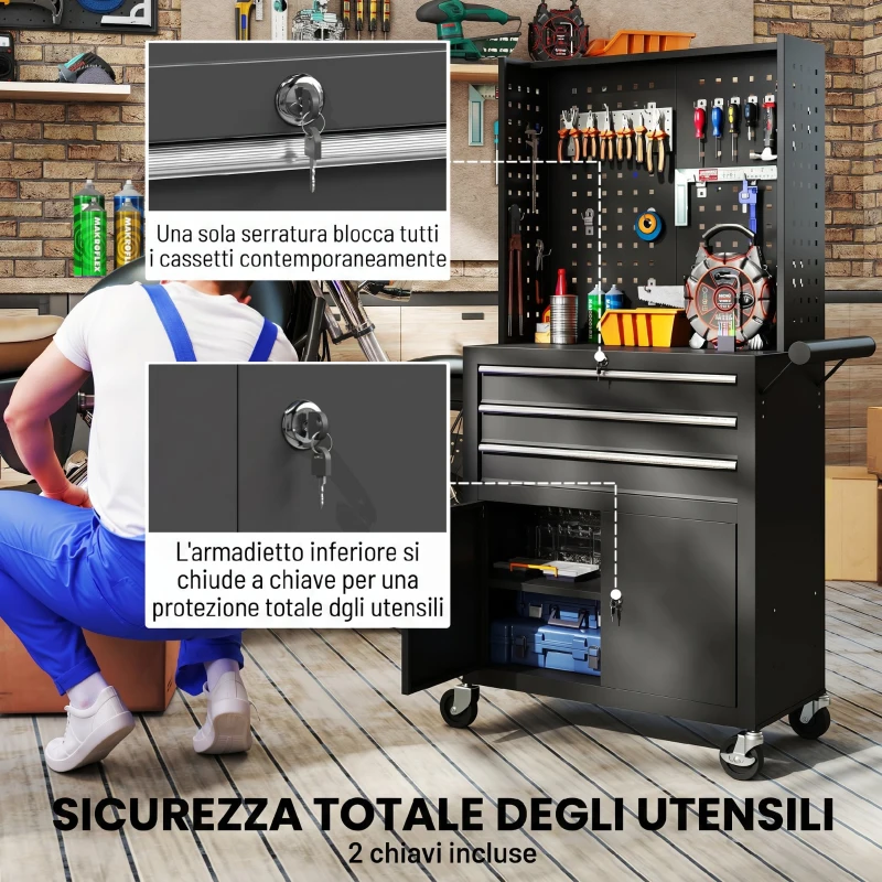 HOMCOM Carrello Porta Attrezzi in Acciaio con Piano di Lavoro, 3 Cassetti, Armadio, Pannelli Forati, Ruote, Nero