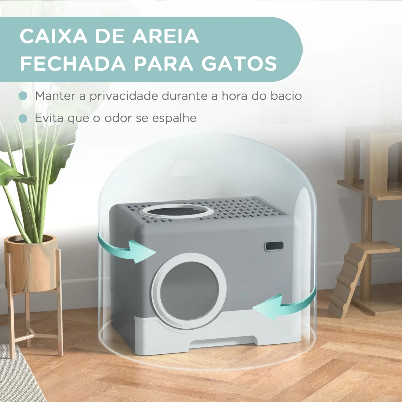 PawHut Caixa de Areia para Gatos com Pá Bandeja Removível 2 Portas Entrada Frontal e Saída Superior 52x41x38,5 cm Cinzento