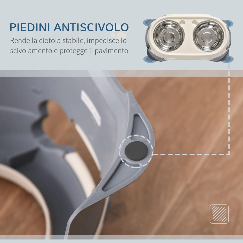 PawHut Doppia Ciotola per Cani Rialzata in Acciaio Inox e Plastica con Piedini Antiscivolo, 47x25x20cm, Bianco e Grigio