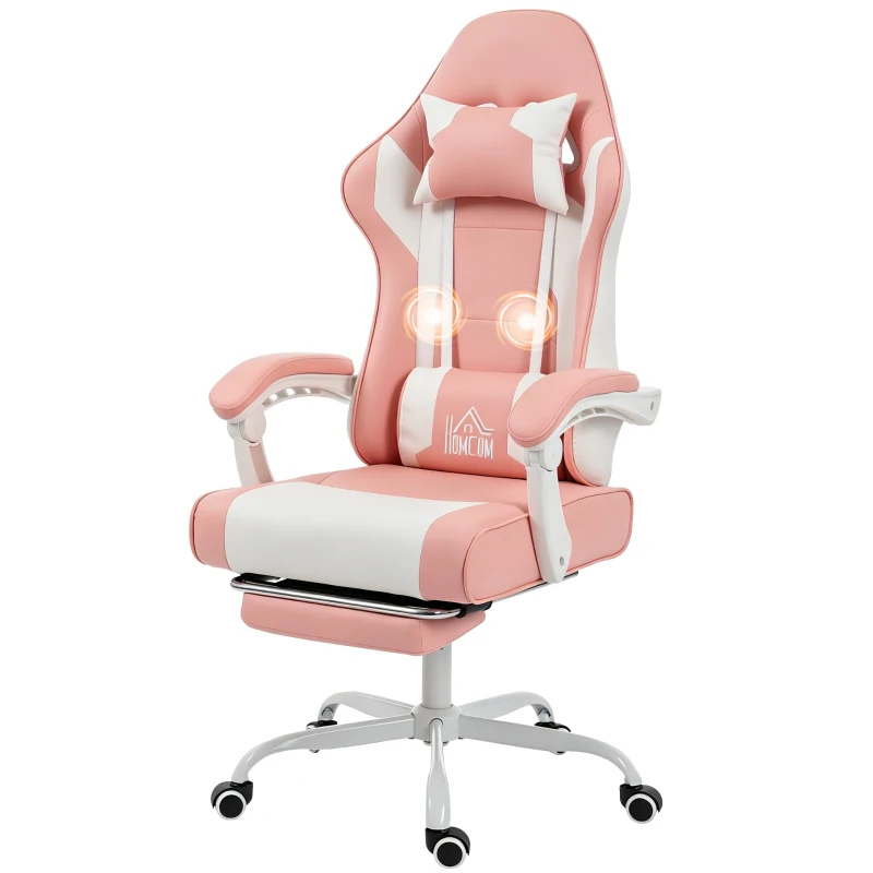 HOMCOM Cadeira Gaming Reclinável 155° com Suporte Lombar com Massagem Apoio de Cabeça e Apoio para os Pés 63x66x126-134 cm Rosa