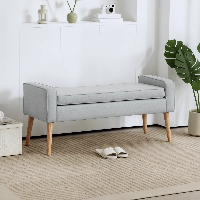 HOMCOM Banco de Armazenamento Estofado em Linho com Tampa Abatível e Pés de Madeira 120x45x54 cm Cinza Claro