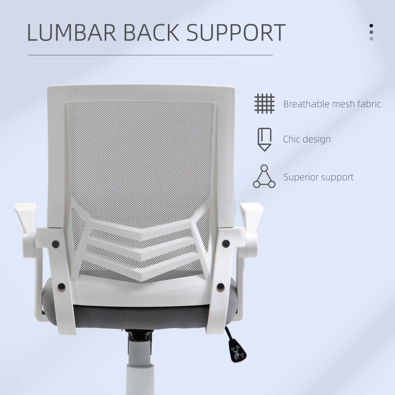 HOMCOM Home Office Furniture Set, Modern Computer Desk with Storage Shelf and Ergonomic Mesh Chair with Flip-Up Arms, Lumbar Support, Adjustable Height, Swivel Wheels, White and Grey