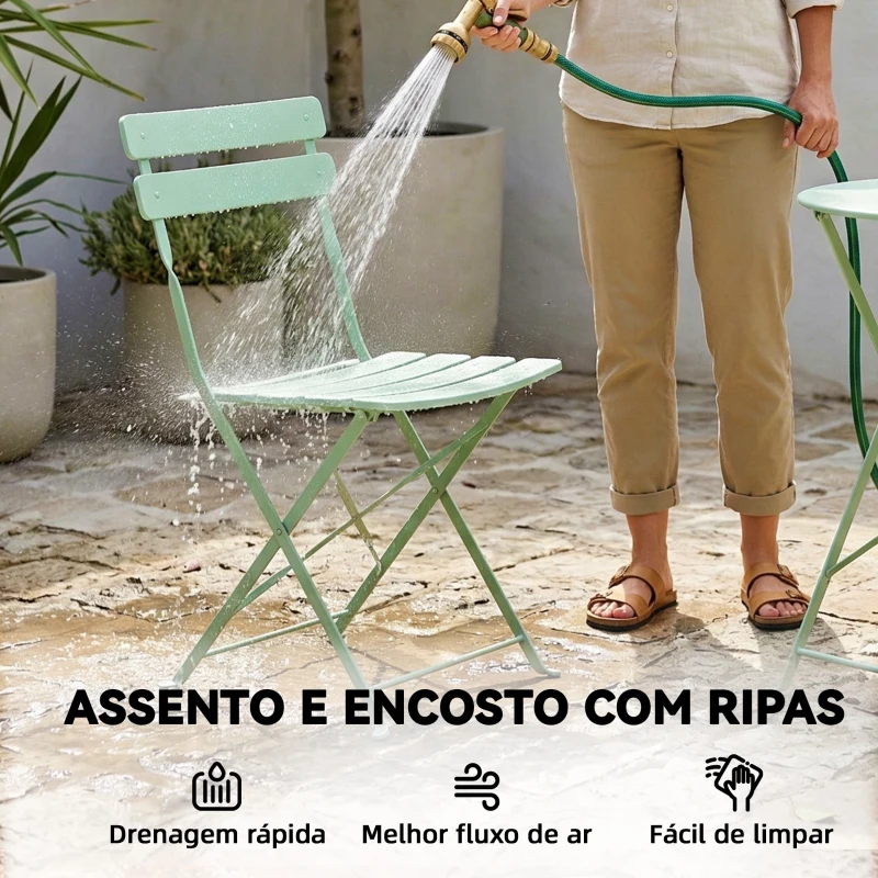 Outsunny Conjunto de Jardim Dobrável com 2 Cadeiras Dobráveis e Mesa Redonda Estrutura Metálica Eletroforética para Varanda Verde