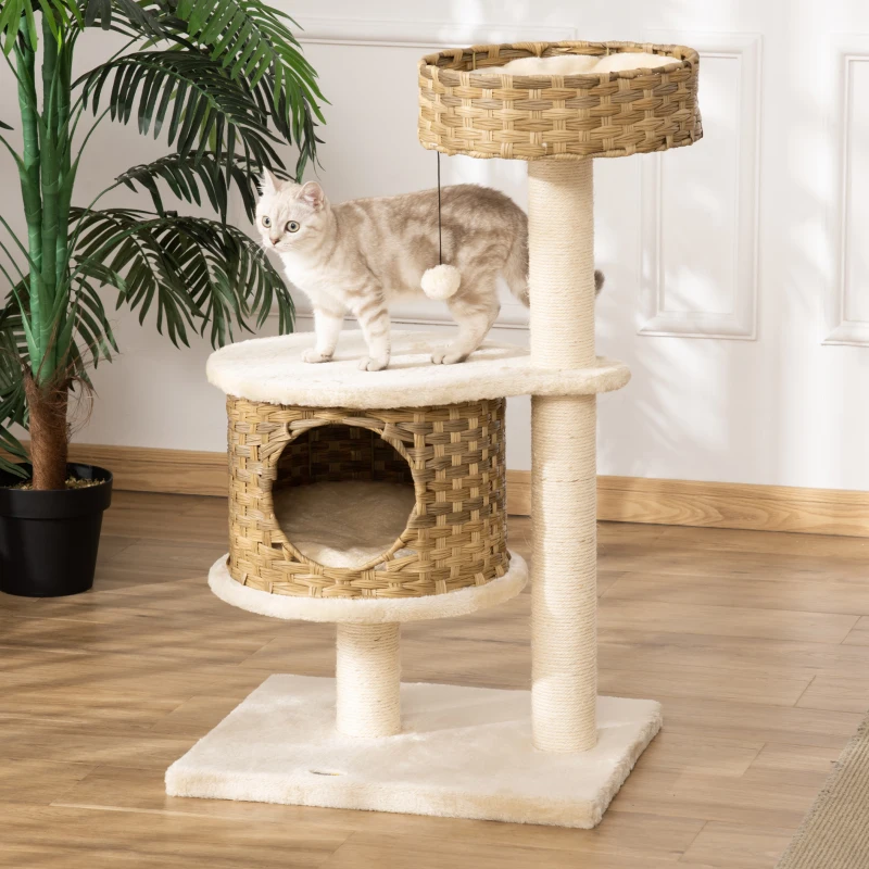 PawHut Albero Tiragraffi per Gatti con Cuccia e Casetta in Rattan e Pali in Sisal, 55x47x95cm, Beige