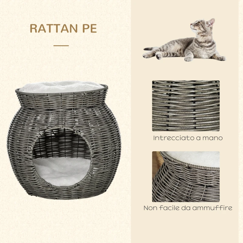 PawHut Cesta per Gatti a 2 Livelli in Rattan PE con Cuscini Lavabili in Peluche, Φ50x43.5cm