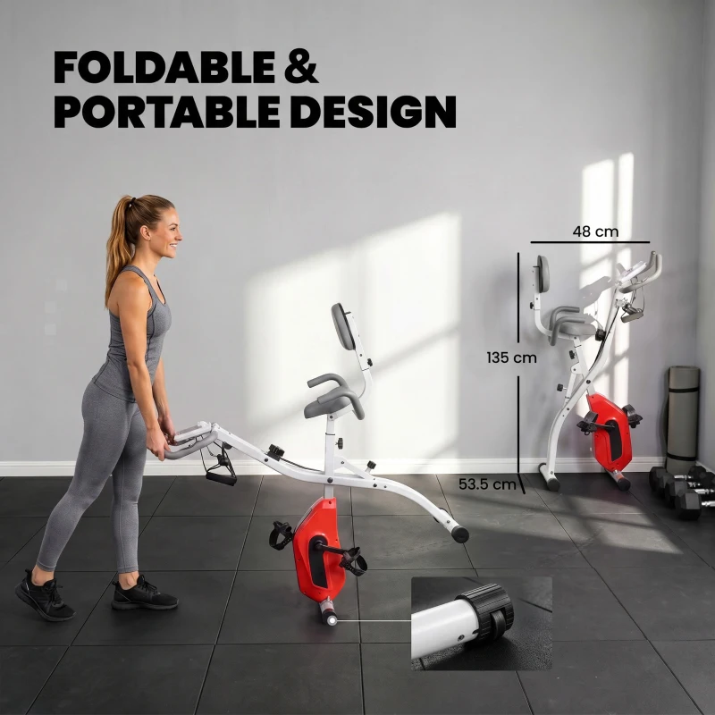 SPORTNOW 4-In-1 Folding Exercise Bike with Resistance Bands, Bluetooth App, 8-Level Magnetic Resistance, LCD Display, Orange