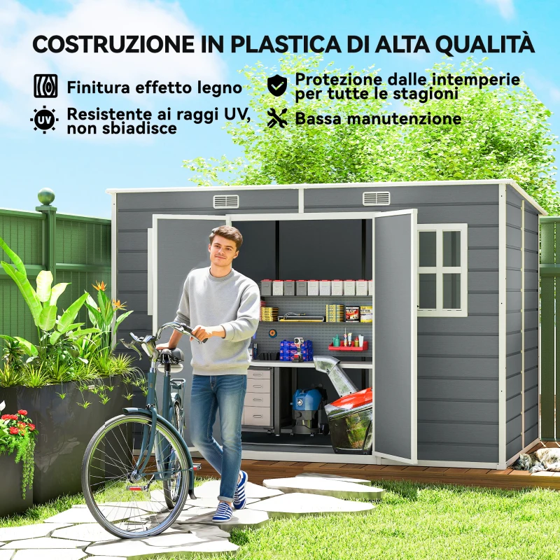 Outsunny Casetta per Attrezzi a 2 Ingressi con Finestre e Prese d'Aria, in PP e Alluminio, 303x183x184 cm, Grigio