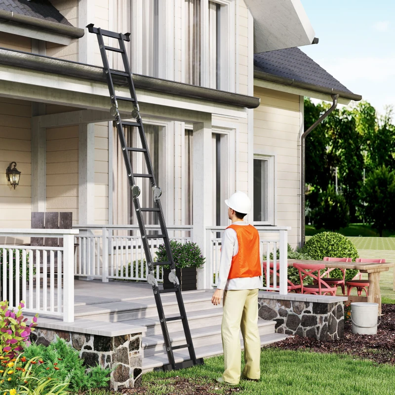 DURHAND Scala in Alluminio 5 in 1 Nera per Interni ed Esterni, Carico Massimo 150kg, 370x61x11 cm