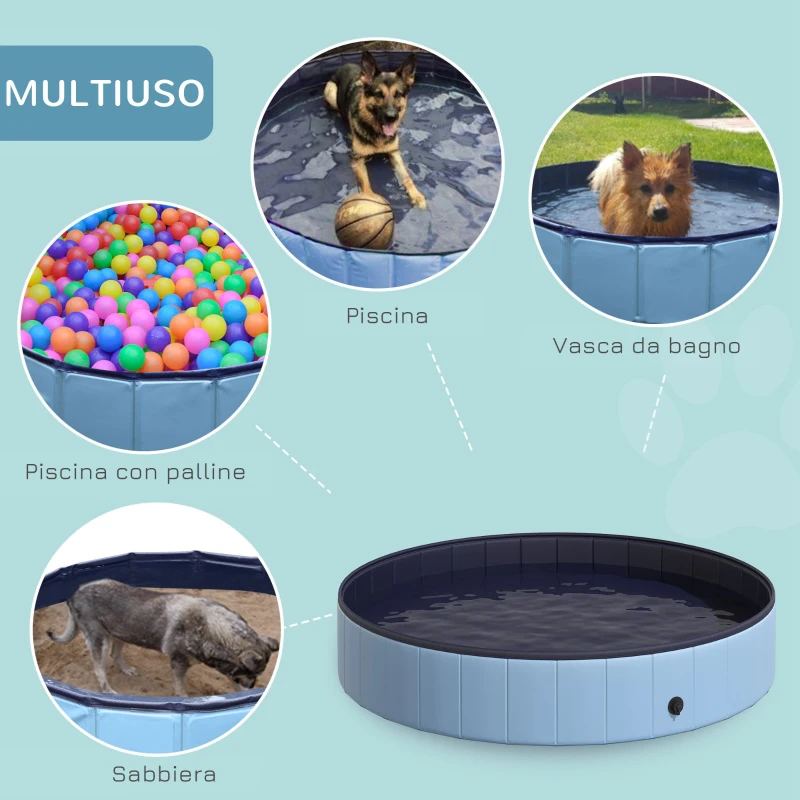 PawHut Piscina Vasca da Bagno Portatile Pieghevole per Cani Animali Domestici in PVC Azzurro Φ160 x 30cm