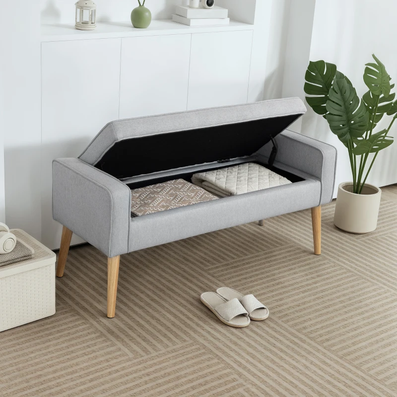 HOMCOM Banco de Armazenamento Estofado em Linho com Tampa Abatível e Pés de Madeira 120x45x54 cm Cinza Claro