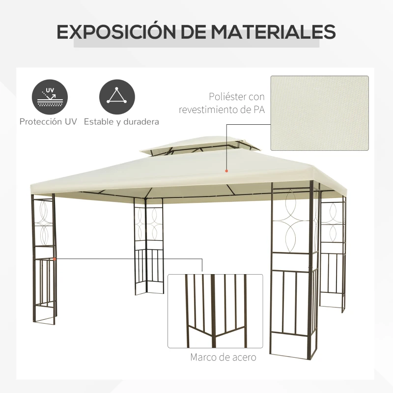Outsunny Cenador de Jardín 4x3m con Doble Techo Estructura de Acero Anti-UV para Exterior Patio Terraza Blanco Crema