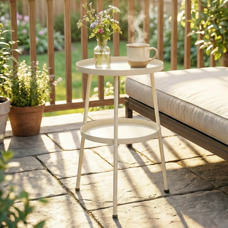 Outsunny Beistelltisch Ø36 cm, Balkontisch aus Metall, Esstisch Outdoor, rund Terrassentisch für Garten Terrasse Balkon Cremeweiß