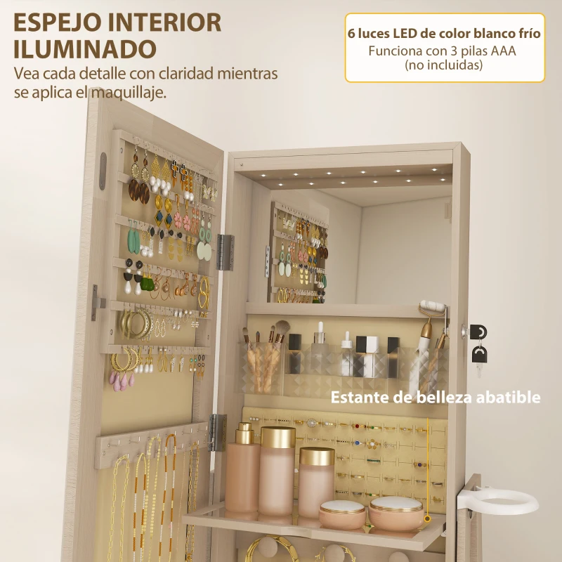 HOMCOM Espejo Joyero con Luces LED Armario Joyero con Espejo Entero Giratorio de 360° Cajón Cerradura Natural
