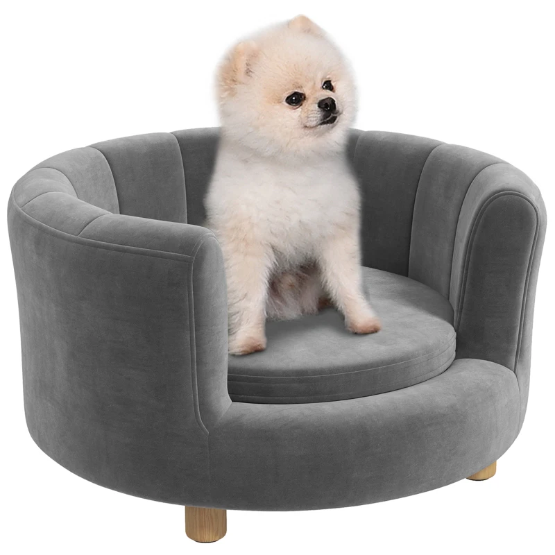 PawHut Huisdierenbed voor Honden en Katten, met Houten Poten, Verhoogd, Flanelhoes, Afneembaar Kussen, Grijs