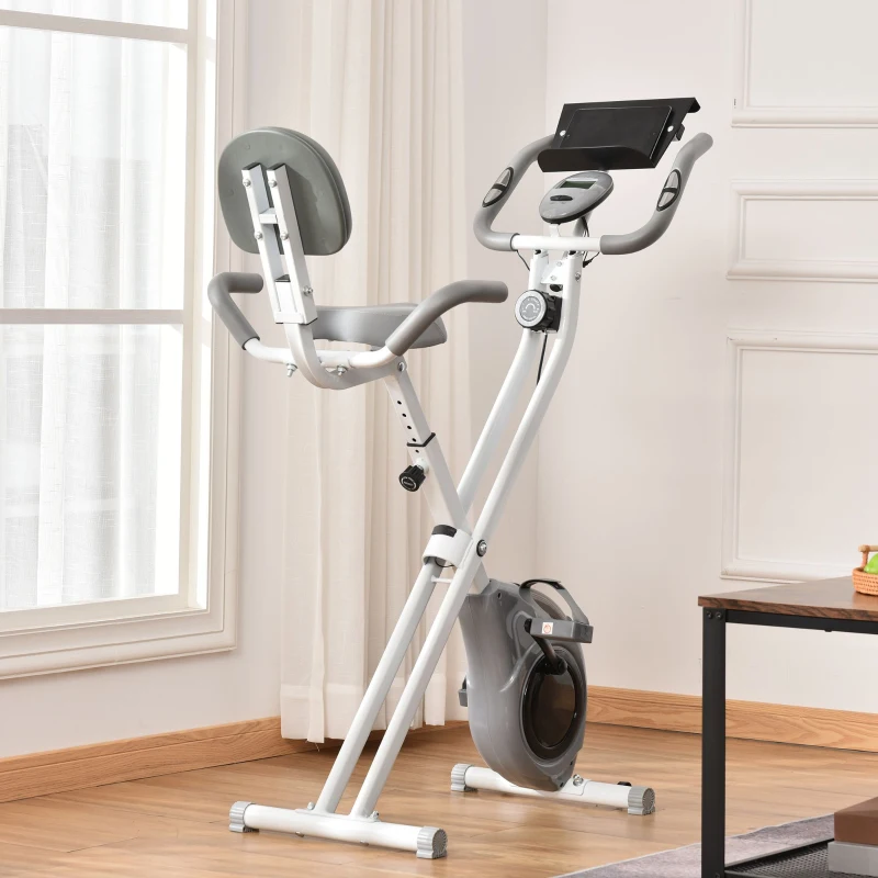 HOMCOM Vélo d'appartement magnetique pliable vélo de fitness vélo d'intérieurgrand confort dossier selle réglable poignées écran LCD multifonction support tablette acier blanc gris