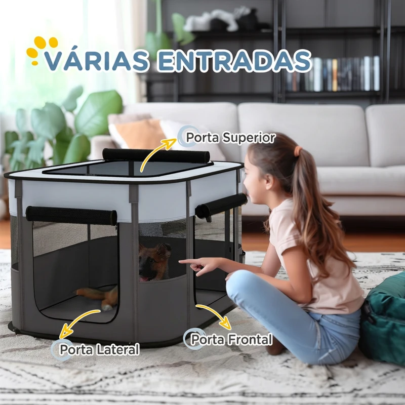 PawHut Parque para Cães e Gatos, Cercado Dobrável Portátil para Cachorros, Coelhos e Porquinhos-da-Índia em Tecido Oxford 84x64x53 cm Cinzento