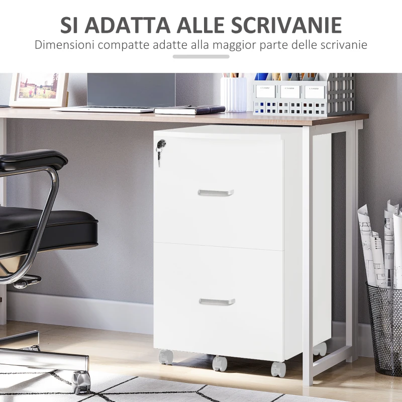 Vinsetto Armadietto da Ufficio con 2 Cassetti e 5 Ruote, Schedario in MDF e Truciolato, 43x45x72 cm, Bianco