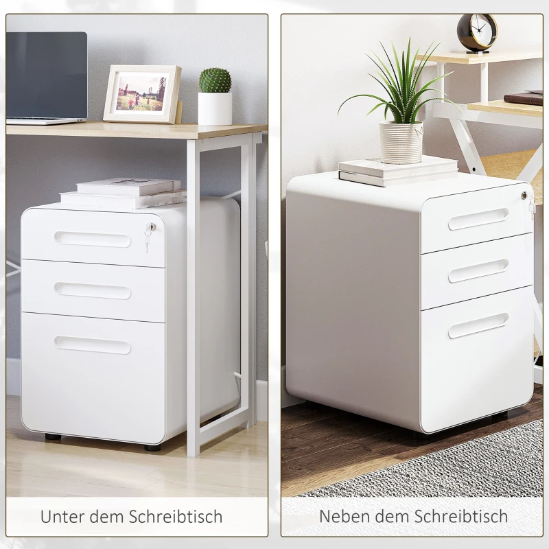 Vinsetto rolcontainer, archiefkast, kantoorcontainer met 3 lades, kantoorkast, opslag, container, staal, wit, 39 x 48 x 59 cm