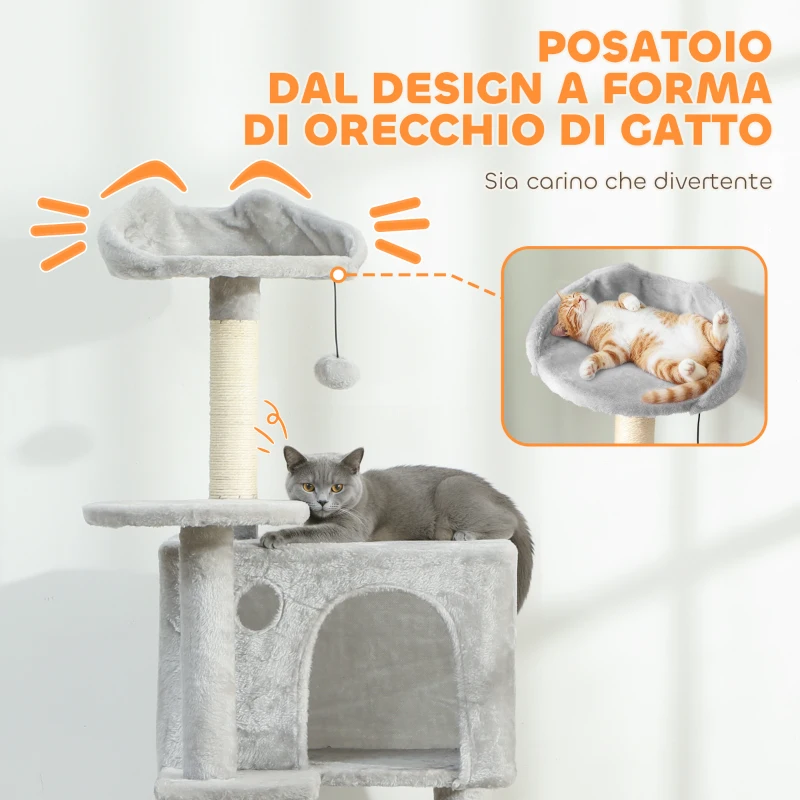 PawHut Albero Tiragraffi per Gatti con 2 Casette, Amaca, Lettino e Pali in Sisal, 48x48x160 cm, Grigio