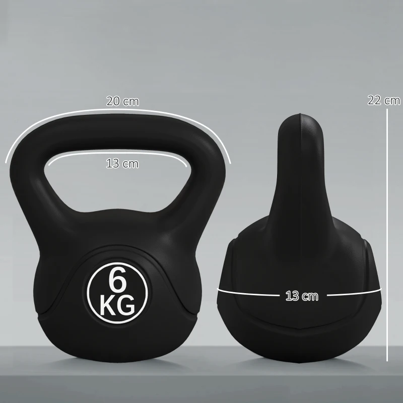 HOMCOM Kettlebell 6kg in Plastica e Sabbia con Base Piatta e Impugnatura, 20x13x22 cm, Nero