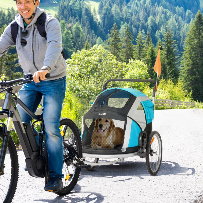 PawHut Reboque de Bicicleta para Cães Dobrável 2 em 1 Carrinho para Cães de Alumínio com Guiador Ajustável Bandeira e 6 Refletores Carga Máxima 40kg 150x82x98cm Azul