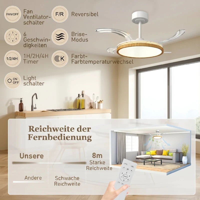 HOMCOM Deckenventilator mit Licht und Fernbedienung, 95 cm moderner LED-Deckenventilator mit einziehbaren Flügeln, Natur