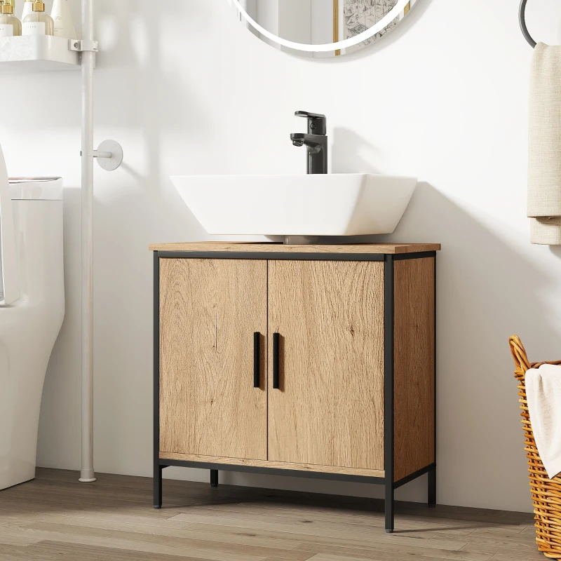 HOMCOM Bathroom Vanity Unit, Under Sink Storage Cabinet with 2 Doors, Adjustable Shelf for Basin without or with Pedestal, Oak