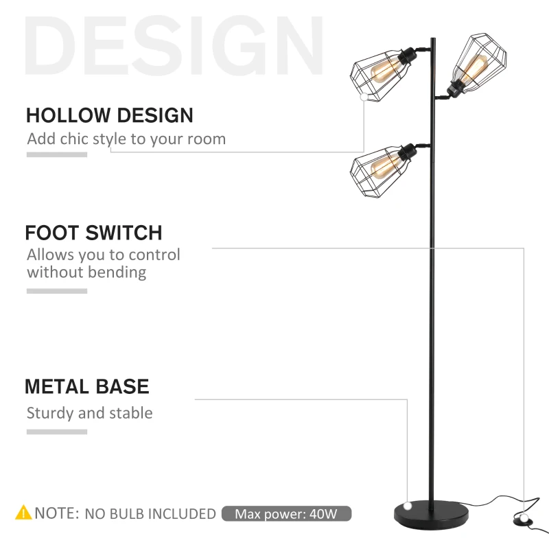 HOMCOM Lampada da Terra in Stile Industriale con 3 Paralumi Regolabili, Interruttore a Pedale, Acciaio Nero, Ф36 x 165cm