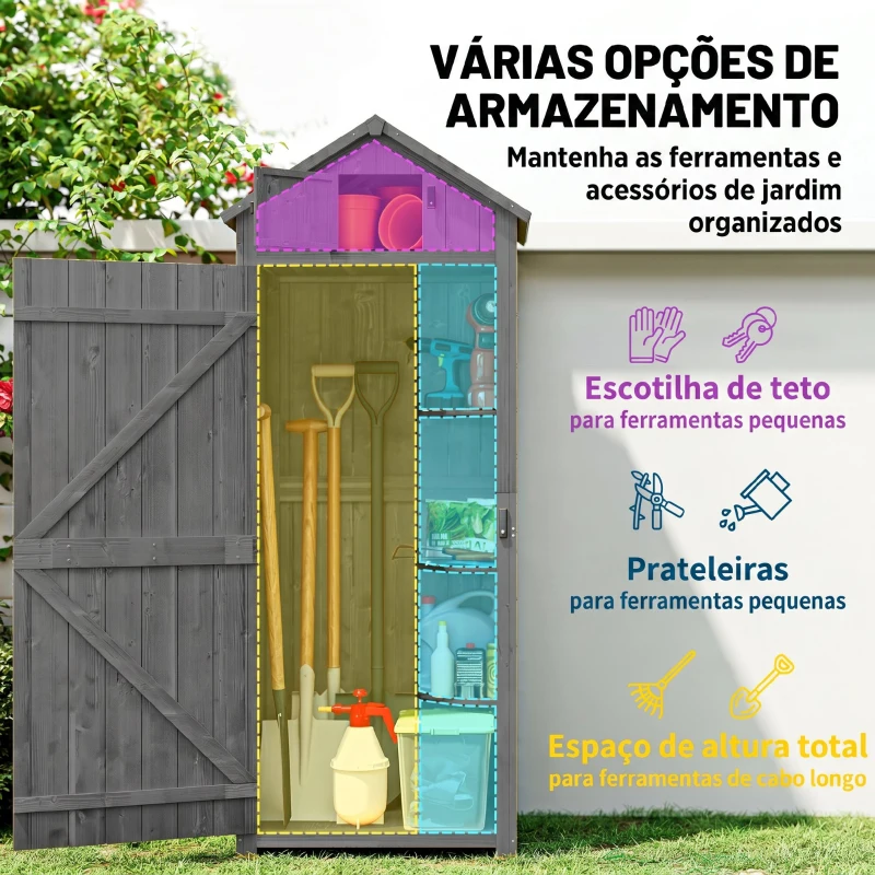 Outsunny Armário de Jardim de Madeira 77x54,2x179 cm 0,3 m² Armário de Armazenamento com 3 Prateleiras e 2 Portas Cinza e Verde