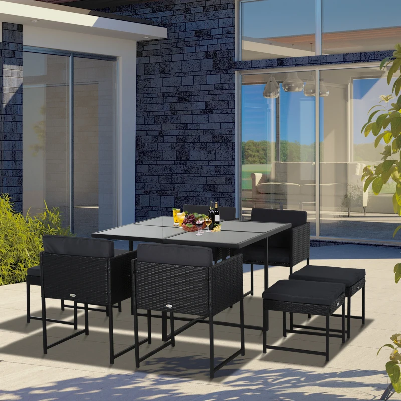 Outsunny 9 PCs Rattan Dining Cube Set Outdoor Patio Furniture PE Rattan Wicker Dining Set w/ 4 Armchair,4 Foot Stool,Grey Cushion