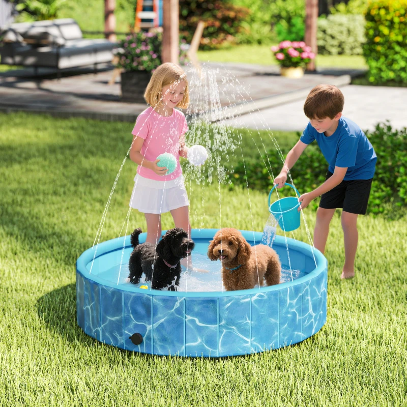 PawHut Hundepool Faltbar Planschbecken mit Brunnen- und Wasserpolsterdesign Ø120 x 30 cm Blau