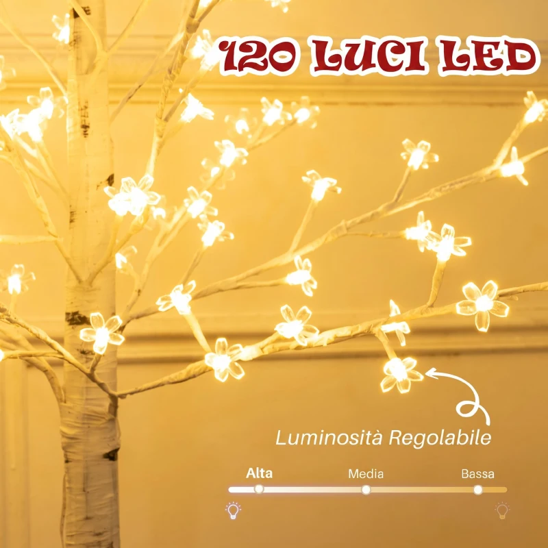 HOMCOM Albero Luminoso di Ciliegio con 120 Luci LED Alto 150 cm e 3 Livelli di Luminosità per Interni ed Esterni, Bianco