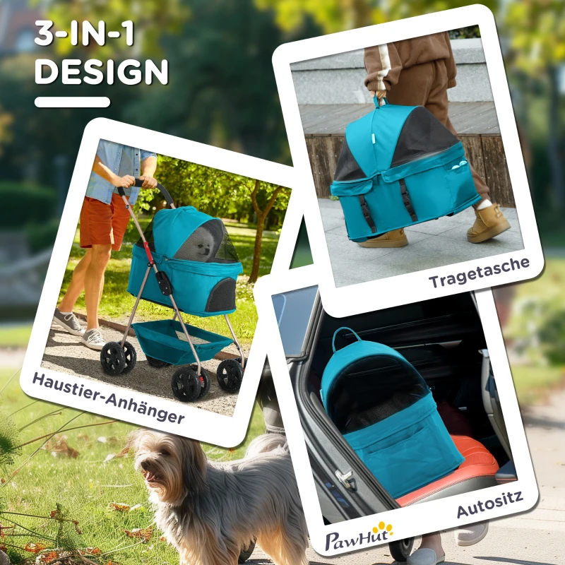 PawHut 3-in-1 Huisdierenbuggy, Opvouwbare Hondenwagen met 4 Wielen en Afneembare Drager voor Honden en Katten Turquoise