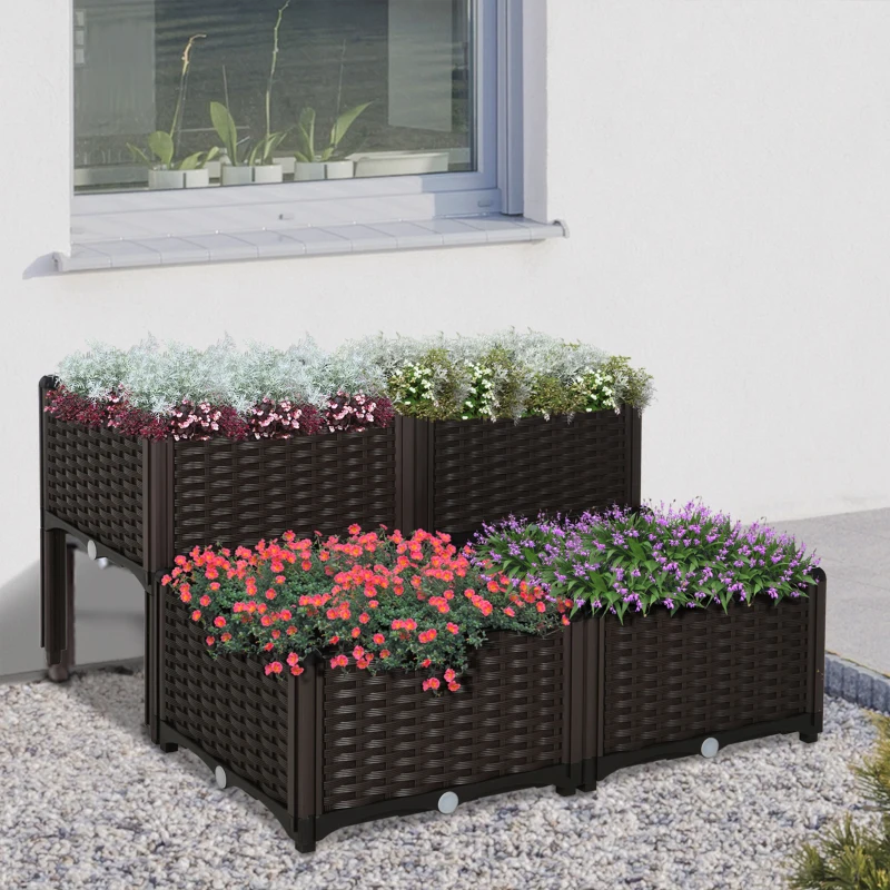 Outsunny verhoogd bed, 4-delige plantenbak met afwateringsgaten, plantenkasst in rotan-look, PP, bruin