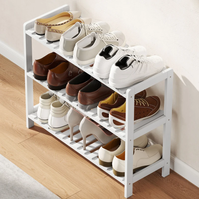HOMCOM Étagère à chaussures, porte-chaussures 3 niveaux, étagères à lattes, en bois de pin， 70 x 26 x 57,5 cm, blanc