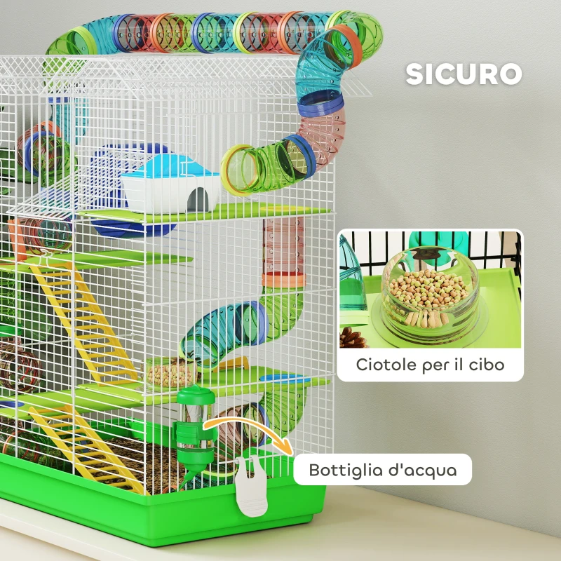 PawHut Gabbia per Criceti a 5 Piani con Tubi Colorati, Ruota, Casetta e Accessori, 47x30x59 cm, Verde