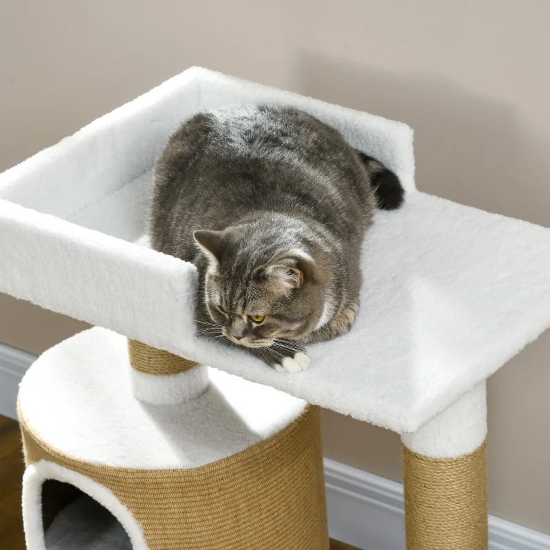PawHut Krabpaal Kattenboom Kattenhol, 1 Kattenhol, 1 Ligvlak, 70 cm x 49 cm x 79 cm, Natuur + Wit